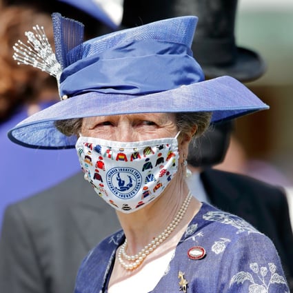 Princess Anne wears a colourful Injured Jockeys Fund face mask at Royal Ascot to raise awareness of the cause. Photo: Getty 