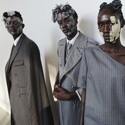 Designer Thom Browne’s spring 2020 collection, unveiled at New York Fashion Week at The Shed, on Saturday, September 11, explored classic suiting, with twists like missing pieces, asymmetrical sleeves, and various skirts for men. Photo: Invision/AP