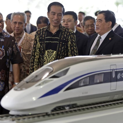 Indonesian President Joko Widodo looks at a model of a high-speed train which will connect Jakarta to Bandung. File photo: AP