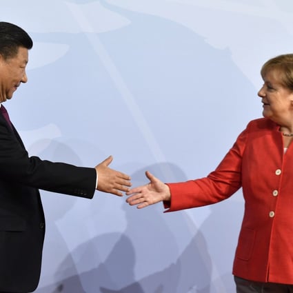 German chancellor Angela Merkel greets Chinese president Xi Jinping at the G20 summit in Hamburg, Germany, in 2017. Photo: Getty Images