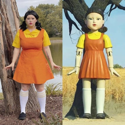An Instagram user and Squid Game fan wearing a DIY costume recreating the iconic doll in the show. Photo: Instagram