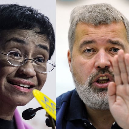 Maria Ressa (left), co-founder and CEO of Philippines-based news website Rappler, and Dmitry Muratov, editor-in-chief of Russia’s main opposition newspaper Novaya Gazeta, received the Nobel Peace Prize for their efforts to uphold freedom of the press. Photo: AFP/TNS