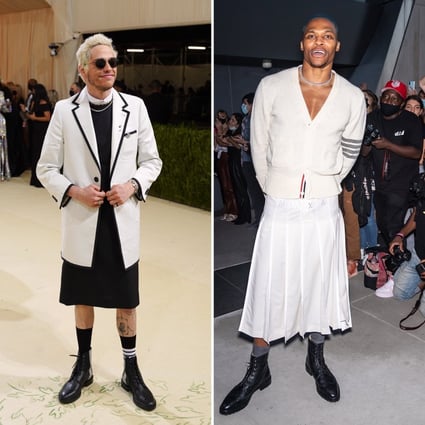 Comedian Pete Davison (left) wore a skirt to at the Met Gala in September 2021, while
NBA star Russell Westbrook attended the 2021 New York Fashion Week in a Thom Browne white pleated men’s skirt. Photos: Getty Images and GC Images