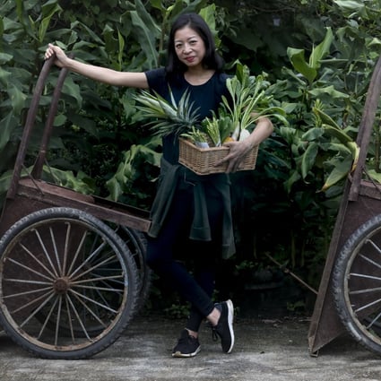 Chef and author Peggy Chan, with fresh produce grown at the Zen Organic Farm, in Ta Kwu Ling, the New Territories. Photo: Jonathan Wong
