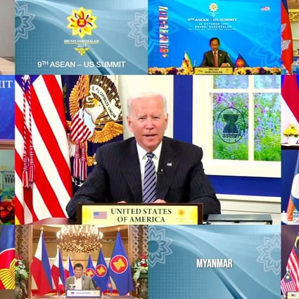 US President Joe Biden (centre) takes part in the Asean-US Summit held online on October 26. Despite claims of supporting Asean centrality, the US and its allies’ actions have undermined regional security. Photo: AFP