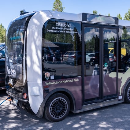 Yellowstone National Park is testing the Teddy electronic driverless vehicle car as a shuttle bus service for tourists. Photo: Shutterstock