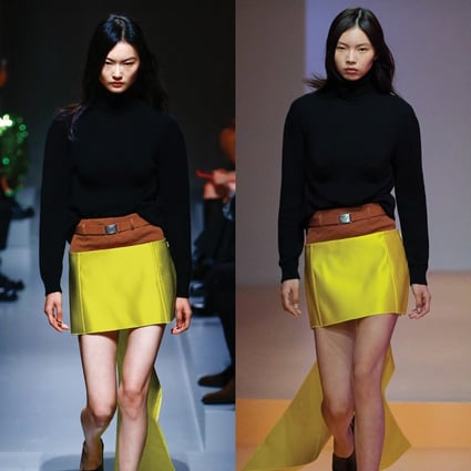 A look, featuring a miniskirt, from the Prada spring/summer 2022 collection. Many recent fashion shows have seen the return of shorter hemlines. 