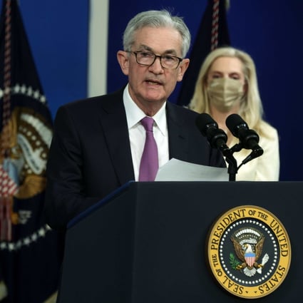 Fed chair Jerome Powell speaks after being nominated for a second term as Lael Brainard looks on following her nomination as the next Fed vice-chair, at the Eisenhower Executive Office Building in Washington, DC, on November 22. Photo: Getty Images/AFP
