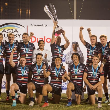 Hong Kong men’s rugby sevens team lift the Asia Rugby Sevens Series 2021 trophy in Dubai. Photo: Asia Rugby