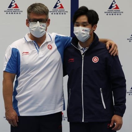 Hong Kong gymnastics coach Sergiy Agafontsev (left) and men’s vault gymnast Stone Shek Wai-hung at the Shun Lee Tsuen Sports Centre in Kwun Tong. Photo: Jonathan Wong   