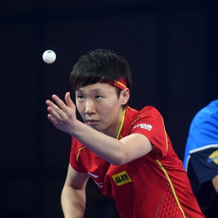 Wang Manyu of China (left) and Kanak Jha of the United States in action at the World Championships in Huston as two mixed doubles pairs between the two nations were formed to mark the 50th anniversary of the “Ping Pong” diplomacy. They beat Mariia Tailakova and Vladimir Sidorenko of Russia 3-0 in the opening round. Photo: Xinhua