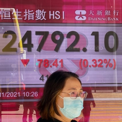 A woman walks past a bank’s electronic board showing the Hang Seng Index on Novenber 8. Photo: AP