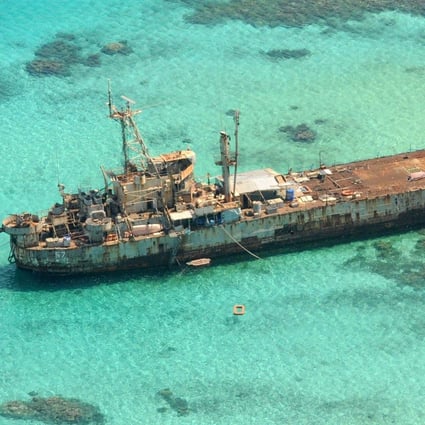 An aerial view of the Philippine Sierra Madre vessel that has been grounded at the Second Thomas Shoal since 1999 to assert its sovereignty. Photo: AFP