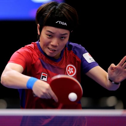 Doo Hoi-kem Doo hits a return against Edem Offiong, of Nigeria, in the opening round of the 2021 World Table Tennis Championships in Houston, USA. Photo: USA TODAY Sports