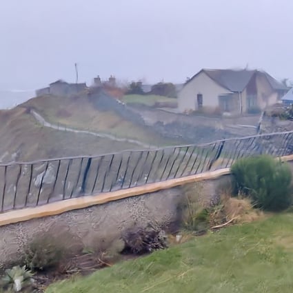 A garden fence blown over by strong winds and rainfall in Portsoy, Aberdeenshire as Storm Arwen hits Scotland on Sunday. Photo: Courtesy @Miss_McF/via Reuters