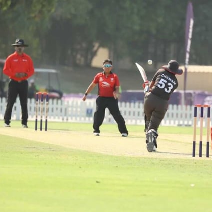 Hong Kong v UAE at ICC Academy in Dubai for Women’s T20 World Cup Asian regional qualifier. UAE batsman Chamani Seneviratna drives a ball back towards Hong Kong’s Betty Chan during at the ICC Academy grounds in Dubai. Photo: ICC