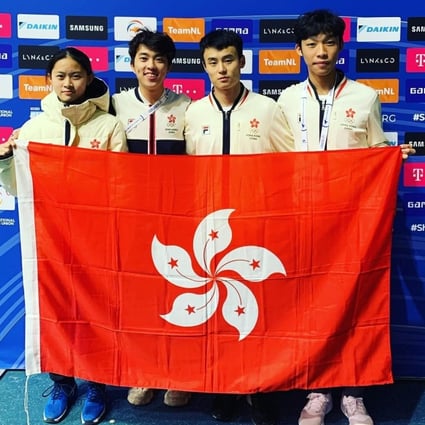 Hong Kong’s Sui Xin (third from left) with short-track speedskating teammates Lam Ching-yan (left), Sidney Chu (second from left) and Kwok Tsz-fung (right) at the World Cup qualifiers series event in the Netherlands. Photo: Hong Kong Skating Union   