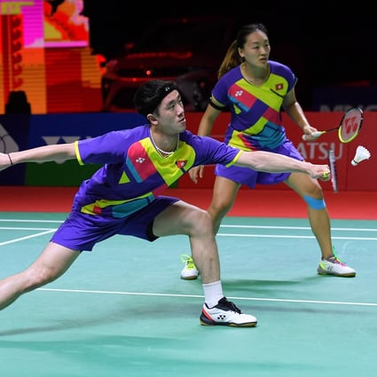 Tang Chun-man (front) and Tse Ying-suet competing against Japan’s Yuta Watanabe and Arisa Higashino during their mixed doubles semi-final at the Indonesia Masters in Bali. Photo: Badminton Association of Indonesia / AFP