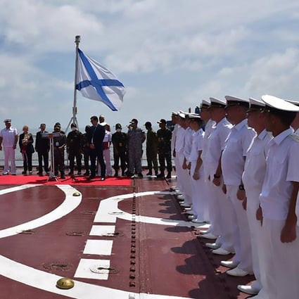 An admiral inspection ceremony on the Russian destroyer Admiral Panteleyev off the waters of Belawan during a joint exercise between the Indonesian Navy, the Russian Navy and Association of Southeast Asian Nations members. Photo: AFP