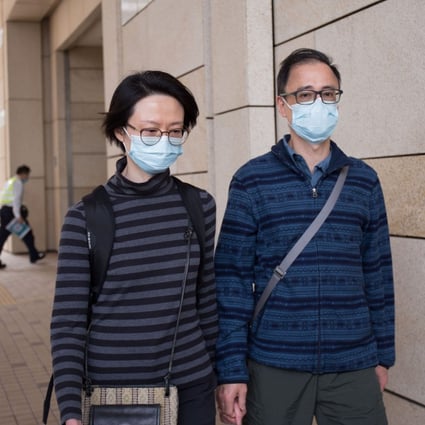 Stephen Kay Chi-fai (right), son of the patient Kay Chee who died after suffering two cardiac arrests in three days at Queen Mary Hospital, appears at the Coroner’s Court with his wife on Tuesday. Photo: Brian Wong