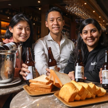 (From left) Chicken Soup Foundation donor ambassador Inis Yang, Maxim’s Group senior manager for food procurement and supply chain Michael Sheung, Breer co-founders Anushka Purohit and Naman Tekriwal. Photo: Xiaomei Chen