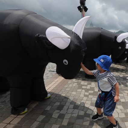Bull mascots to mark the Spanish Culture Festival La Feria, photographed at the Tsim Sha Tsui Promenade in Hong Kong on 19 May 2019. Photo: Felix Wong.