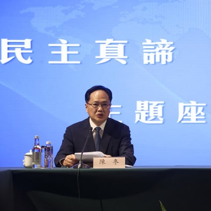 The central government’s liaison office deputy director Chen Dong (left) and Liu Guangyuan, commissioner of the foreign ministry office in Hong Kong, slammed alleged US interference in city affairs on Thursday. Photo: May Tse