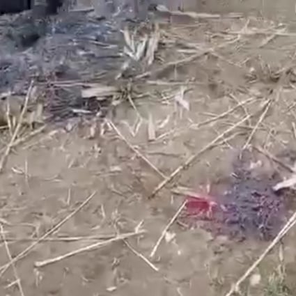 A scene from a video shows a bloodstain on the ground near charred corpses in Done Taw village in the Sagaing region of Myanmar, after an alleged massacre by government troops. Photo: AP