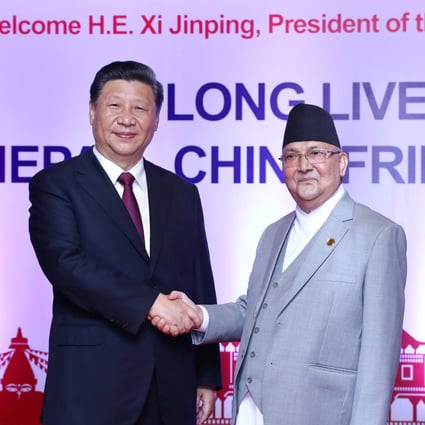 Chinese President Xi Jinping  with then Nepali prime minister K.P. Sharma Oli, in Kathmandu in October 2019. Photo: Xinhua 