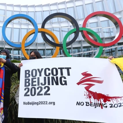 Protesters calling for a boycott of the Beijing Games demonstrate outside the International Olympic Committee’s headquarters in Switzerland. Photo: Reuters