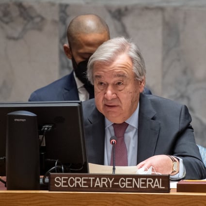 UN Secretary-General Antonio Guterres delivers a speech in an open debate of the Security Council on security in the context of terrorism and climate change. Photo: Xinhua
