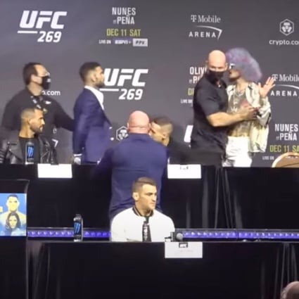 Cody Garbrandt (left) and Sean O’Malley are separated at the UFC 269 pre-fight press conference in Las Vegas. Photo: Screen capture from SCMP MMA on YouTube