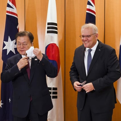 South Korean President Moon Jae-in (left) with Australian Prime Minister Scott Morrison in Canberra on Monday. Photo: AP