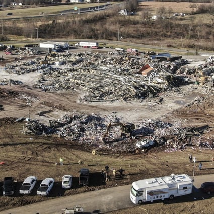 What’s left of the Mayfield Consumer Products candle factory  in Mayfield, Kentucky, after tornadoes moved through the area. Photo: EPA