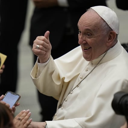 Pope Francis gives the thumbs up as he celebrates his 85th birthday. Photo: AP 