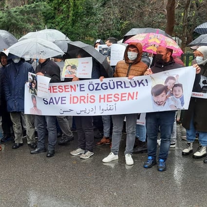 The family and supporters of Yidiresi Aishan, also known as Idris Hasan, gathered outside the Moroccan embassy in Turkey to protest a Moroccan court’s decision to extradite Aishan to China. Photo: Handout