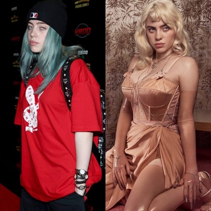 Billie Eilish in 2018 and in a photo from a British Vogue shoot in 2021, marking how the American singer’s style has changed over the years.