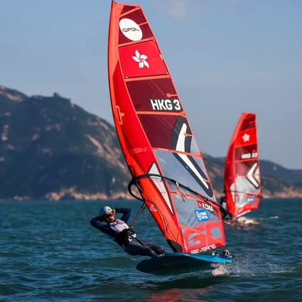 Hong Kong windsurfer Ma Kwan-ching in the lead in round three of the women’s course race at the Hong Kong Open Windsurfing Championships in Stanley Main Beach. Photo: WAHK   