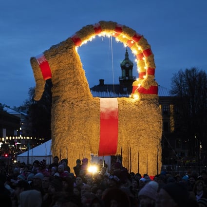 This year’s Yule goat was inaugurated in Gavle, Sweden in November, about three weeks before it was burned down on Friday. Photo: EPA-EFE