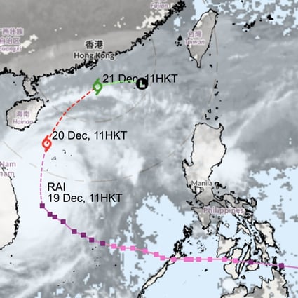 The Hong Kong Observatory’s storm tracker shows the expected path of Tropical Cyclone Rai. Photo: HKO