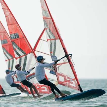 Hong Kong men’s windsurfers battle for position during the final day of the Hong Kong Championships in Stanley on Sunday. Photo: Panda Man / Takumi Images   