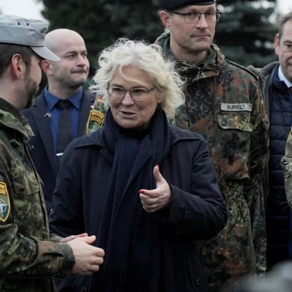 German Defence Minister Christine Lambrecht meets soldiers as she visits Rukla military base in Lithuania on Sunday. Photo: Reuters