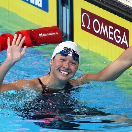Siobhan Haughey celebrates after winning the women’s 200m freestyle final. Photo: EPA-EFE