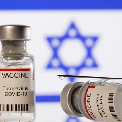 Covid-19 vaccine in front of a flag of Israel, which is planning its fourth roll out. Photo: Reuters