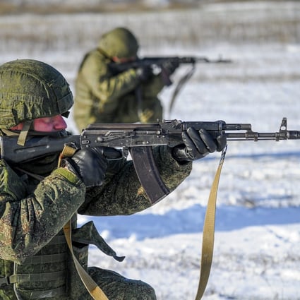 Russian soldiers take part in drills at the Kadamovskiy firing range in the Rostov region, amid a troop build-up on the border with Ukraine. Photo: AP