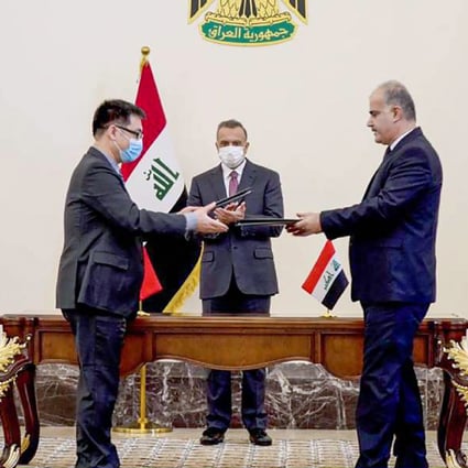 Iraqi Prime Minister Mustafa Al-Kadhimi oversaw the signing of 15 contracts on Thursday, with representatives of the  Power Construction Corporation of China and Sino Tech. Photo: Twitter