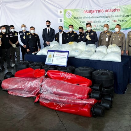 Thai customs officials show drugs hidden in boxing punch bags bound for Australia. Photo: Reuters