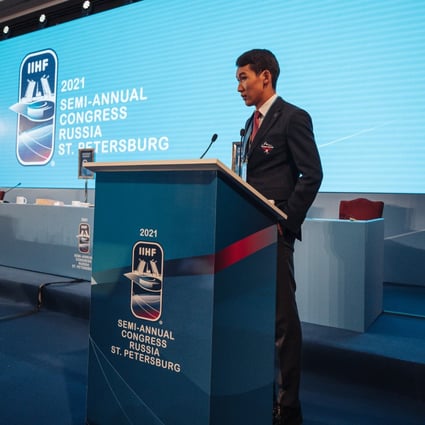 Aivaz Omorkanov, the new IIHF vice-president for Asia and Oceania, during his speech in September where he was elected to the council and ousted Hong Kong’s Thomas Wu in the process. Photo: IIHF