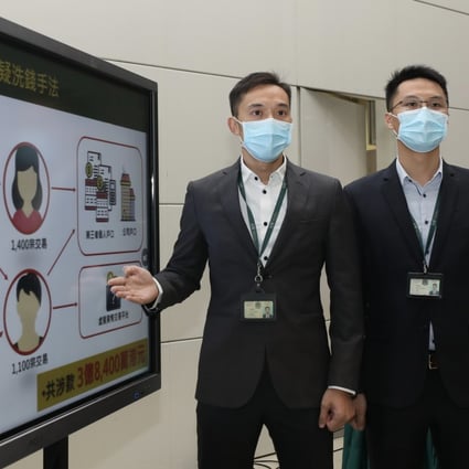 Yu Yiu-wing (left) and Daniel Mok of customs’ syndicate crimes investigation bureau at the press conference on the money laundering case involving HK$384 million. Photo: Xiaomei Chen