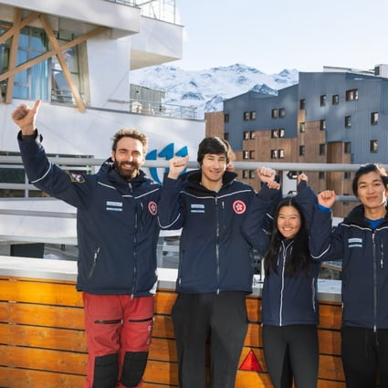 Audrey King (centre) and Adrian Yung (second from right) with Hong Kong team officials in Europe. Photo: Skiing Association of Hong Kong